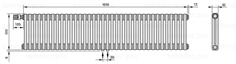 Схема (чертеж) Радиатор Zehnder Charleston 2050/36 №V007 Белый глянцевый RAL 9016